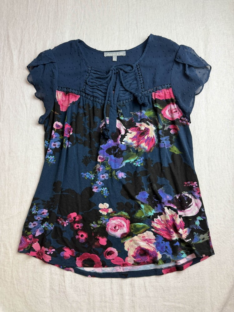 Daniel Rainn Blouse Women M Blue Floral Swiss Dot Flutter Sleeve Boho Whimsigoth