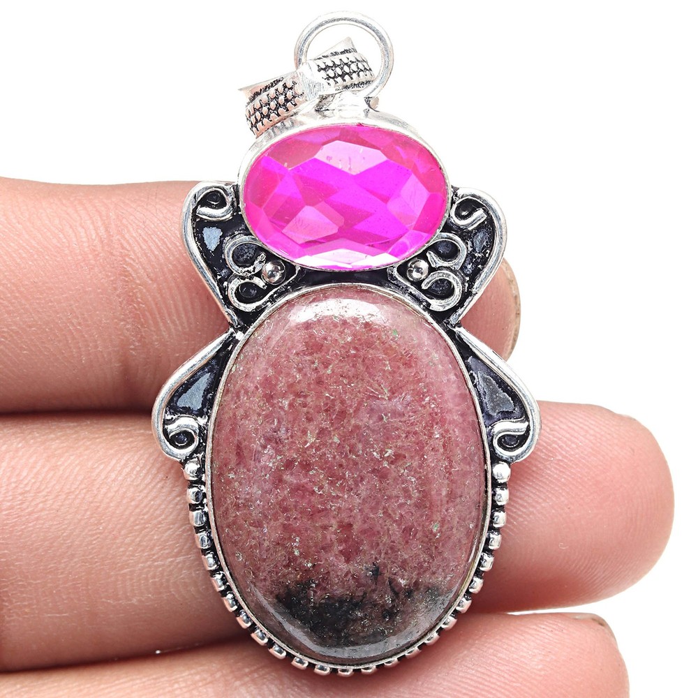 Rhodonite Pink MyStick Gemstone Handmade Silver Pendant Necklace 2.25 Inch
