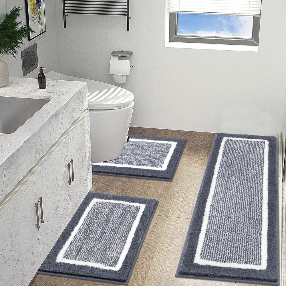 3-Piece Non-Slip Absorbent Bath Mat Set Washable Contour Bath Rugs