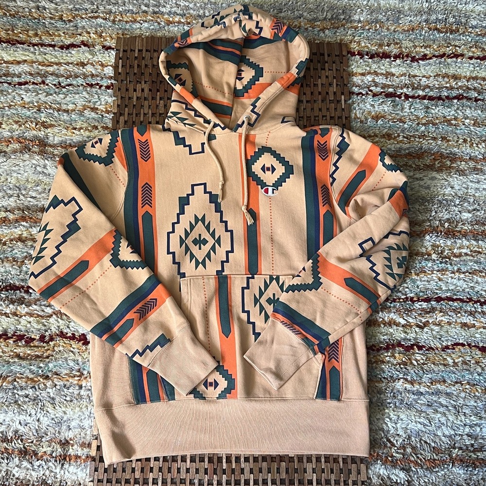 Champon Reverse Weave Aztec Print Sweatshirt Hoodie Desert Khaki Men's Medium M