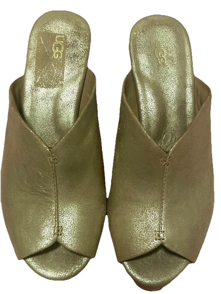 UGG Women’s Tan Gold Cork Heel Wedge Leather Sandals Size 6.5