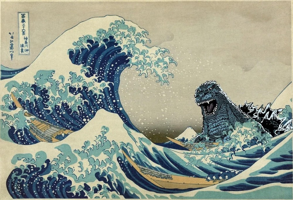 Godzilla Battles The Great Wave at Kanagawa Art Print 24x36 Inches