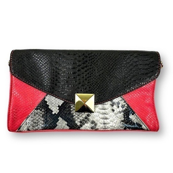 Snakeskin Print Envelope Clutch Bag Black Pink Colorblock Gold Stud Accent