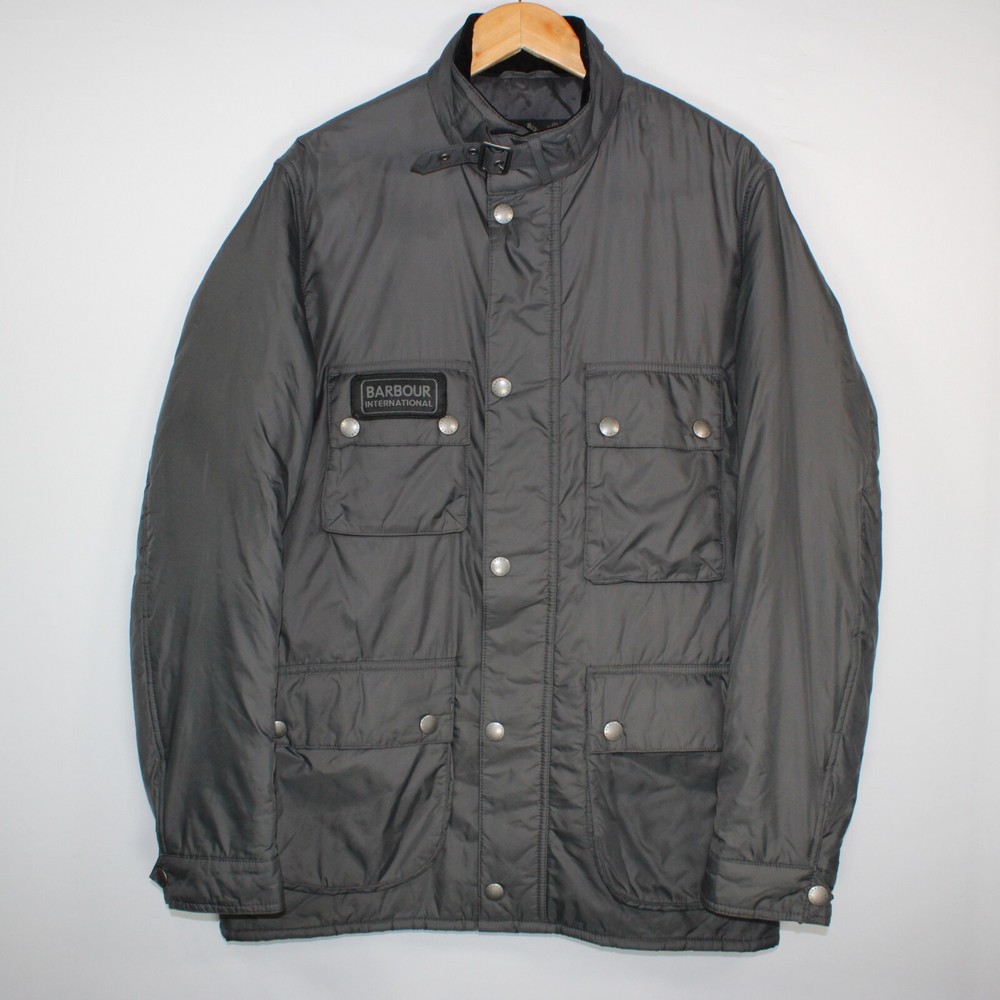 Barbour International Mens Large Grey Quilted Biker Jacket Lightweight Padded
