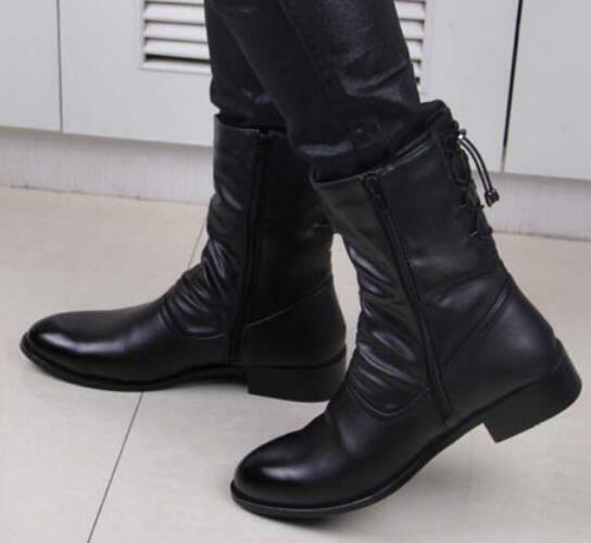 Stylish Mens Pointy Toe Mid Calf PU Leather Boots with Zipper and Block Heel
