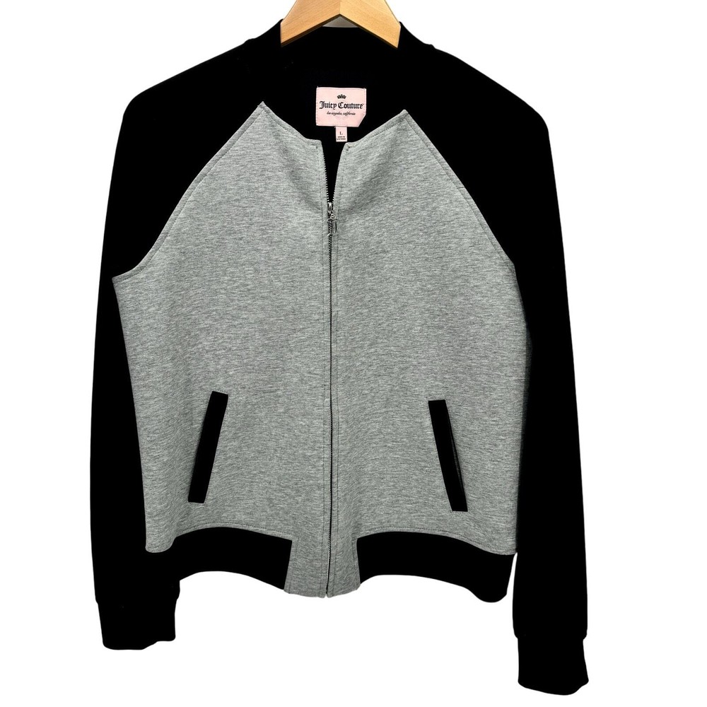 Juicy Couture Jacket Womens Large Gray Black Full Zip Logo Back + Pockets Crop