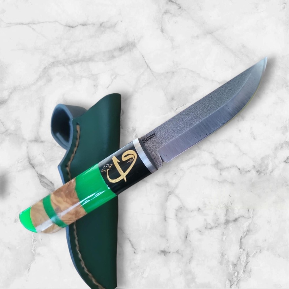 Handmade Sleipner Steel Hunting Knife - Custom Green Epoxy & Walnut Wood Handle
