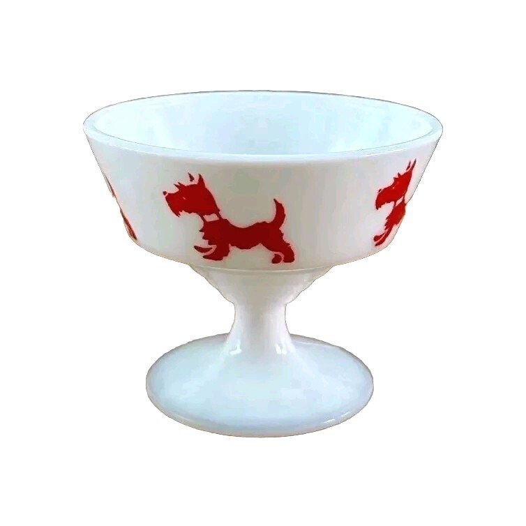 Vintage Hazel Atlas Milk Glass Red Scottie Dogs Footed Sherbet Dessert Cup