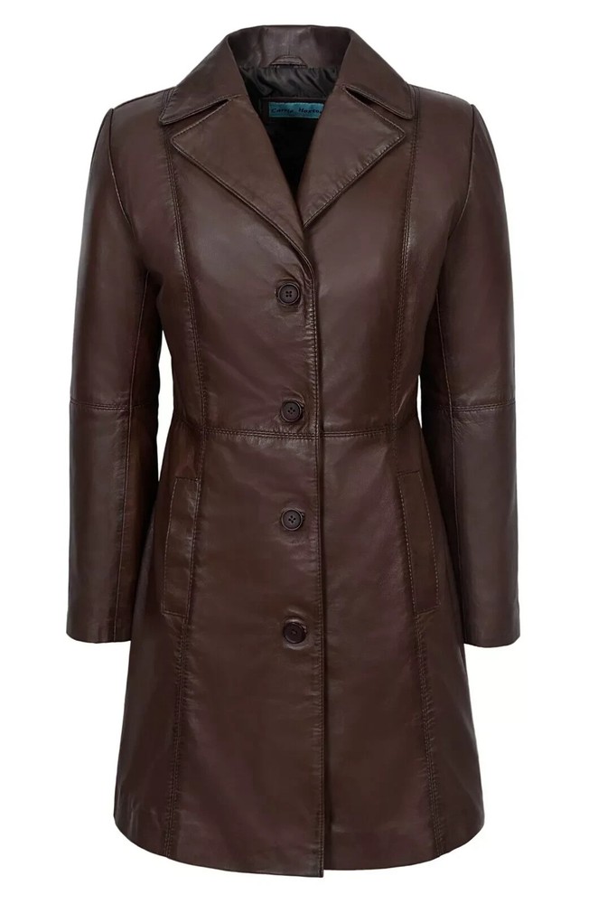 Women's Vintage Brown Lambskin Leather Long Coat Classic Hip Length Trench Coat