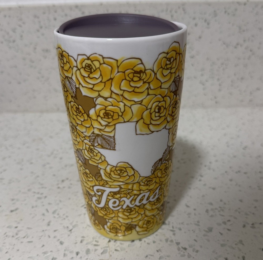 Starbucks Yellow Rose Of Texas Travel 12 oz Tumbler Ceramic With Lid 2016