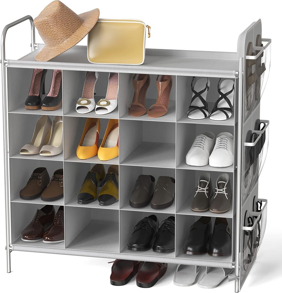16-Cube Gray Shoe Rack Organizer with 4 Tiers