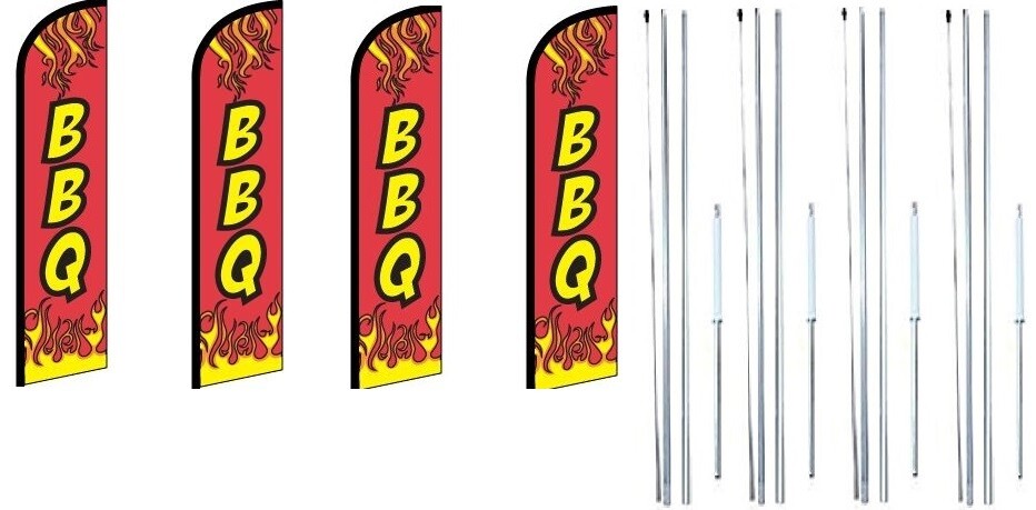 BBQ (Red) Windless Flag With Complete Hybrid Pole set- 4 pack