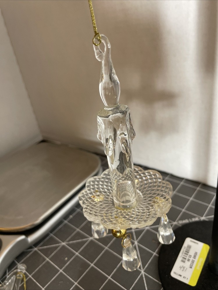 Vtg Candlelabra w Crystals 6” Christmas Ornament Clear Acrylic 1970s