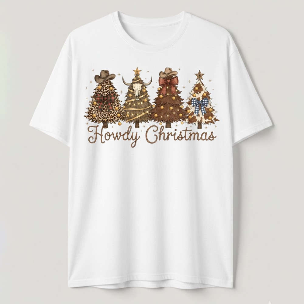 Howdy Christmas T-Shirt Western Trees Leopard Cow Print Bull Skull Cowboy Tee