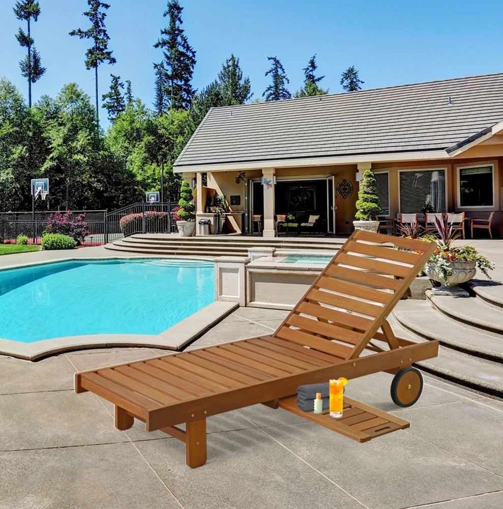 Furinno Tioman Outdoor Chaise Lounge Chair Adjustable Hardwood Sun Lounger Tray