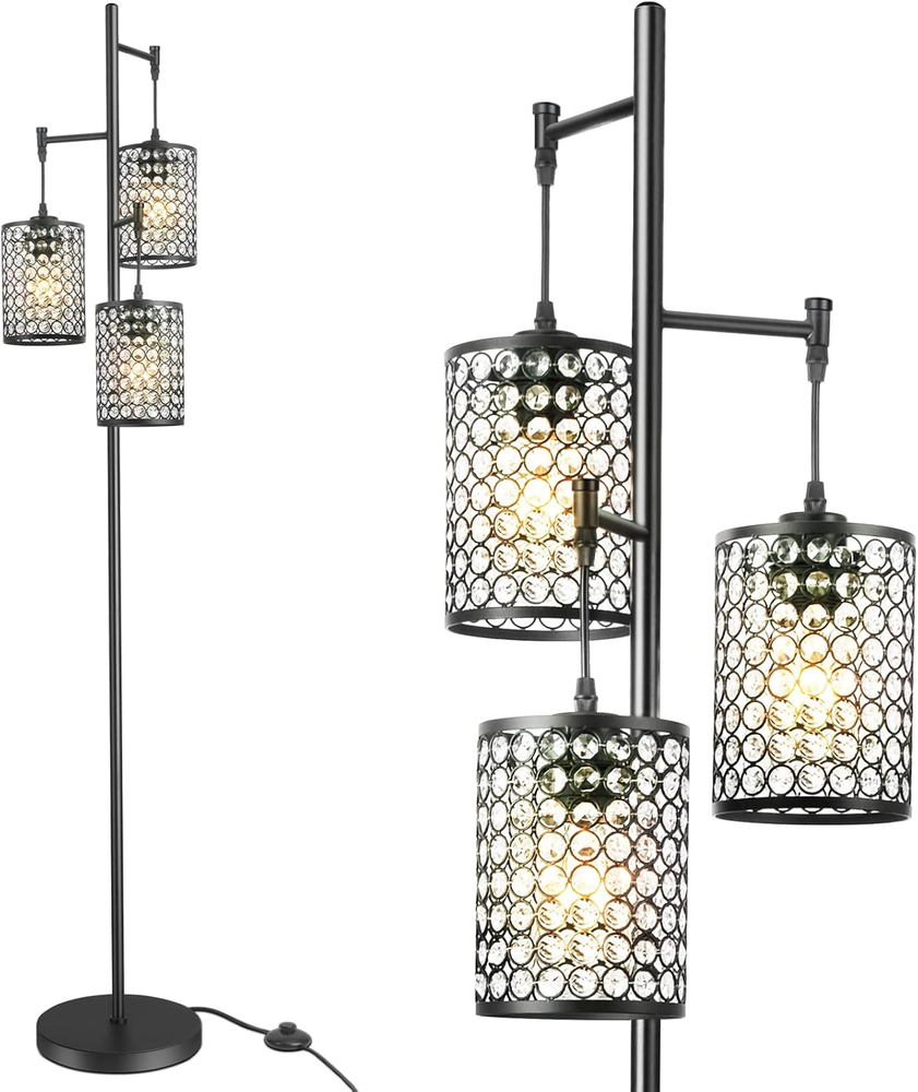 3-Light Industrial Floor Lamp for Farmhouse, Elegant Crystal Tall Standing Light