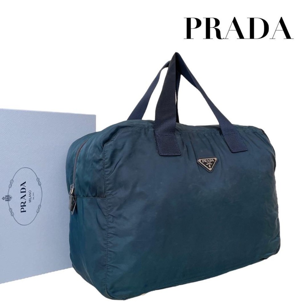 Prada Mini Boston Bag Blue Nylon Triangle Logo 2Way Excellent Condition
