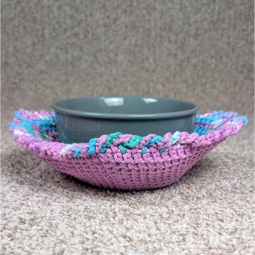 Handmade Crochet Bowl Cozy Reversible Hot Pad Unique Design Purple Blue