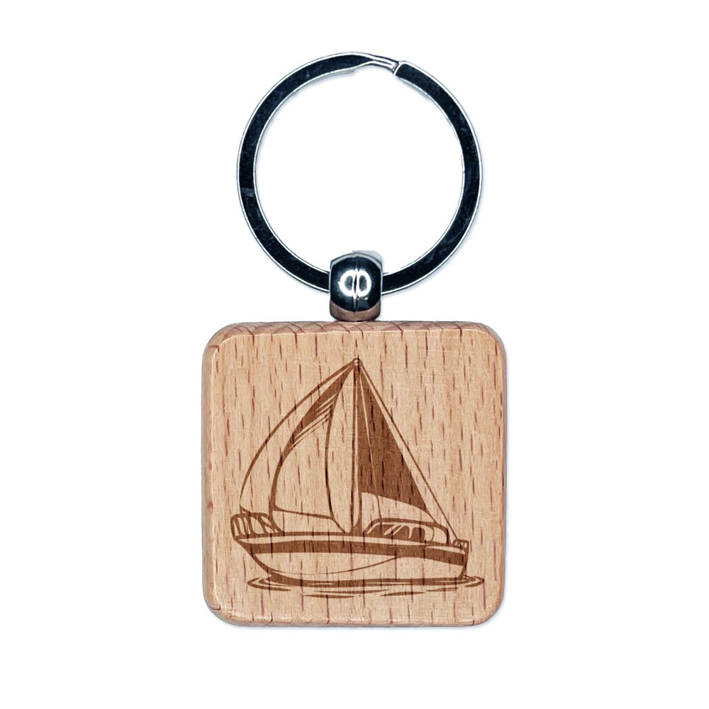 Simple Sailboat on Ocean Water Engraved Wood Square Keychain Tag Charm