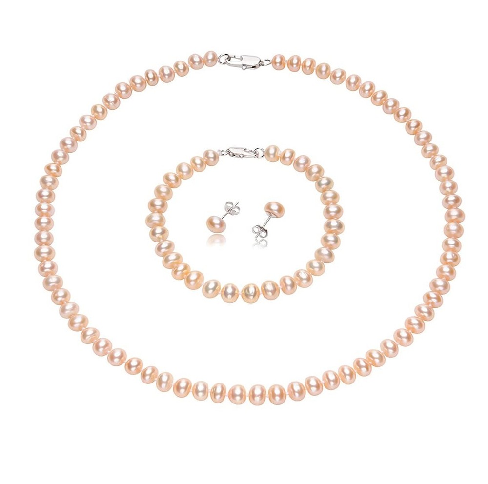 Women's Pearl necklace Set 7Mm Freshwater Pearl Necklace Bracelet and Earring...