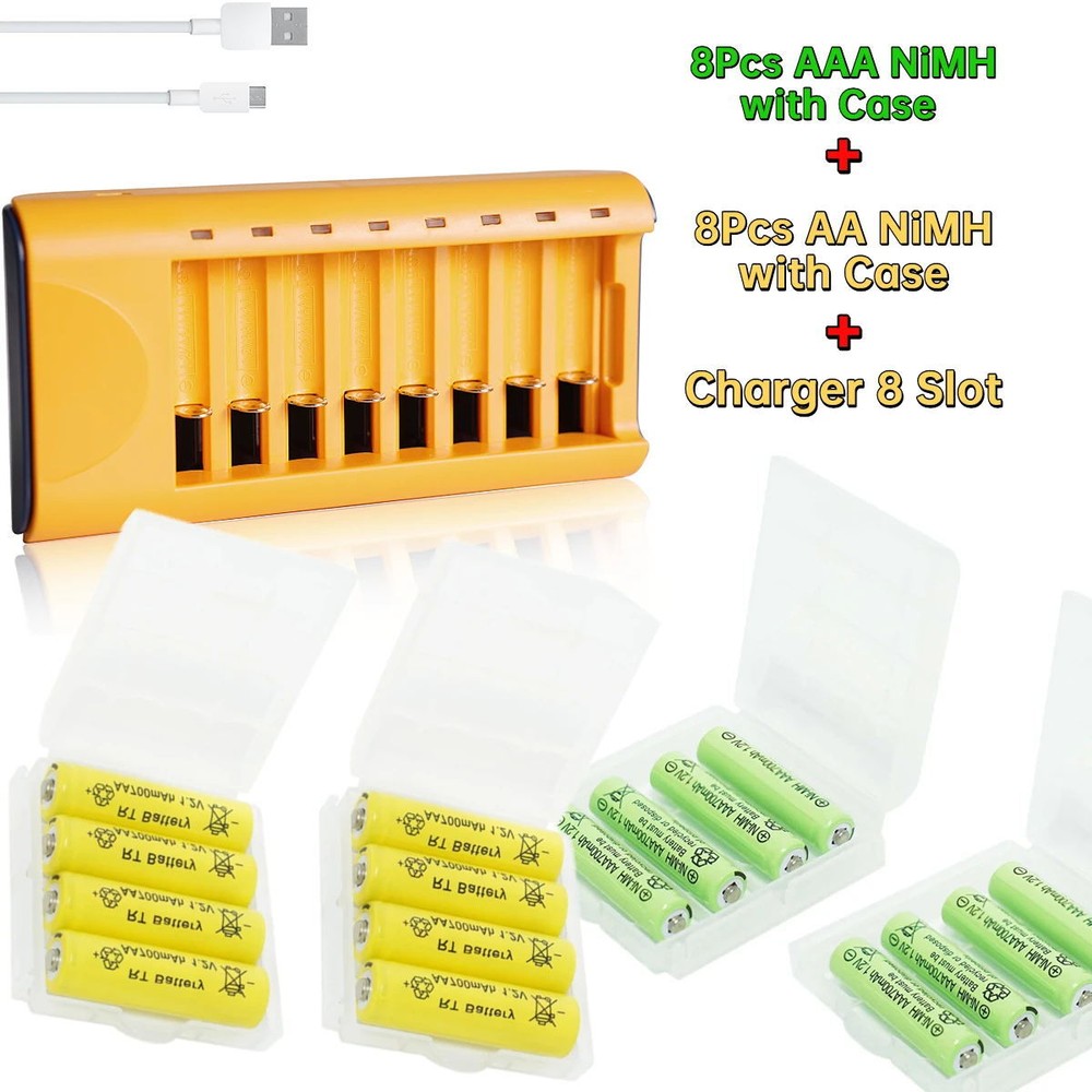 8Pcs AA & 8Pcs AAA 1.2V Ni-MH Rechargeable Batteries 700mAh with 8 Slot Charger