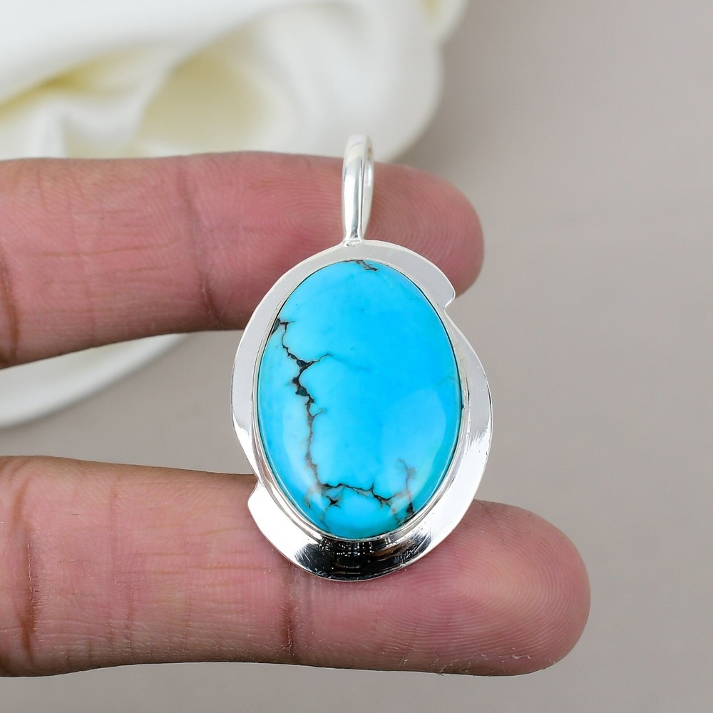Natural Turquoise 925 Sterling Silver Statement Pendant Jewelry Gift