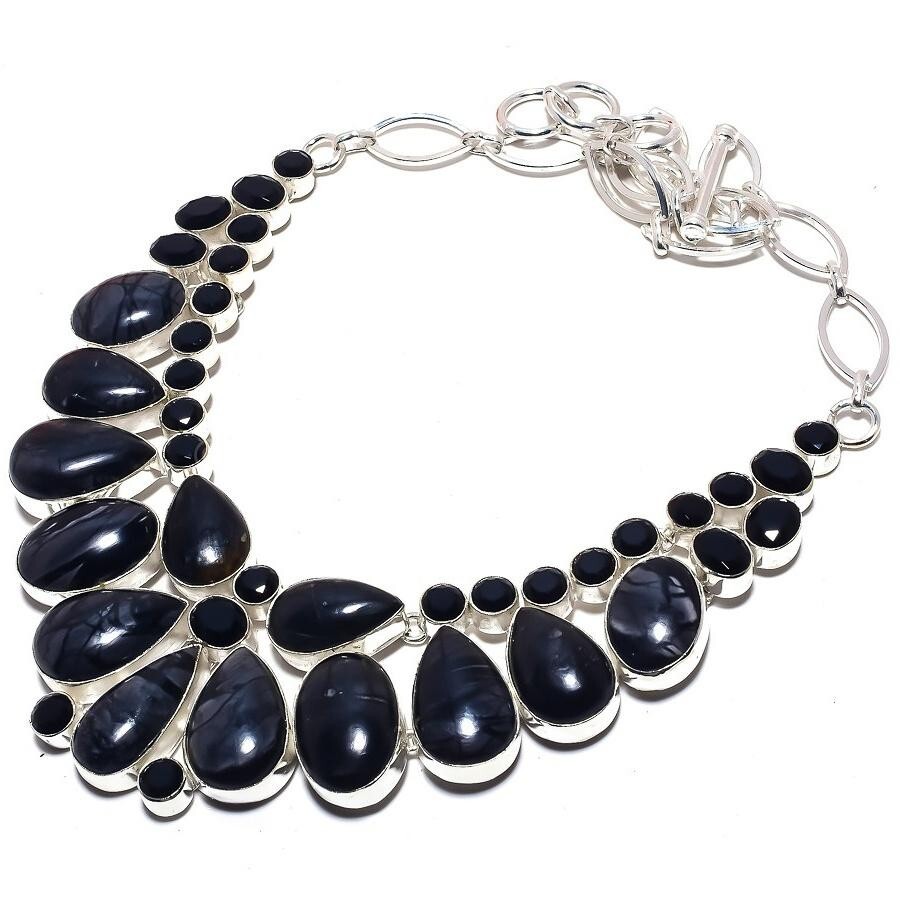 Christmas Sale: Picasso Jasper Black Onyx Sterling Silver Chain Necklace-image