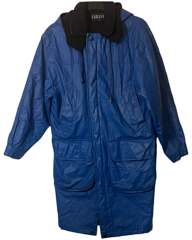 Nautica Rain Coat Mens Size M Blue Heavyweight Lined Hood Mid Length Pockets