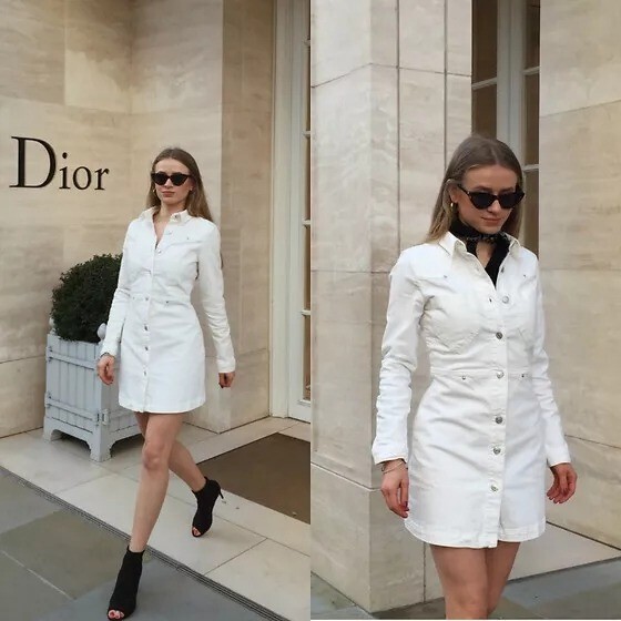 Zara Womens White Denim Shirt Dress With Button Front & Adjustable Waist - Size