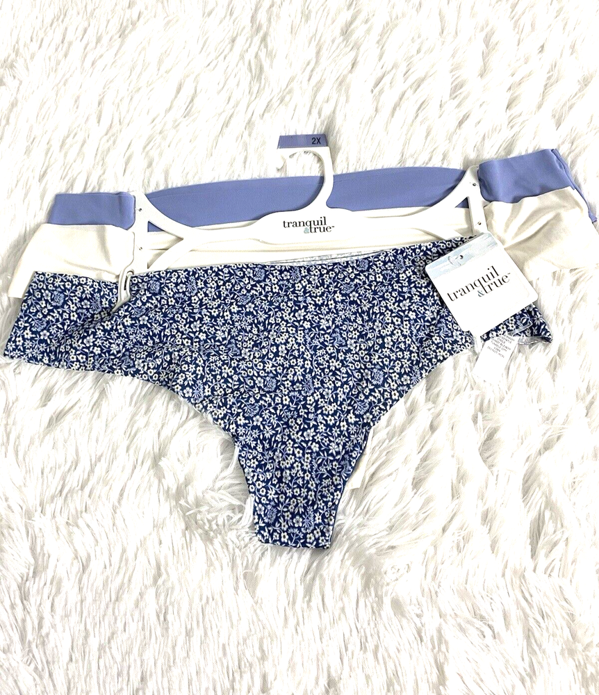 Tranquil & True Thong Underwear Women Size 1X 3X Blue Ivory Floral 3 Pack