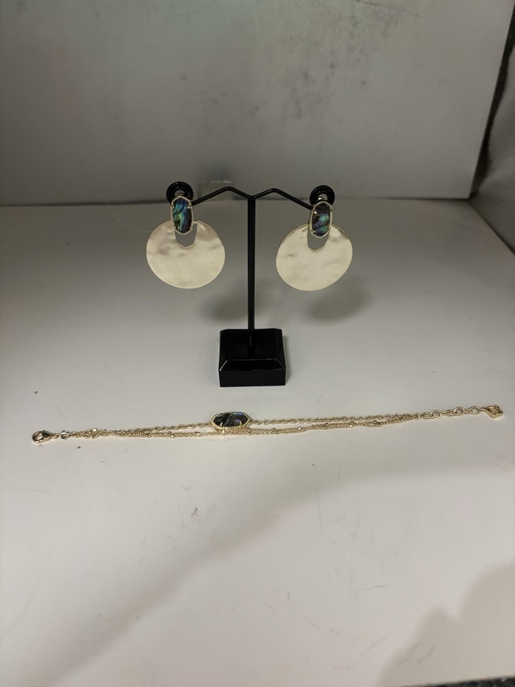 Kendra Scott Gold Tone Didi Round Earrings with Abalone & Matching Bracelet