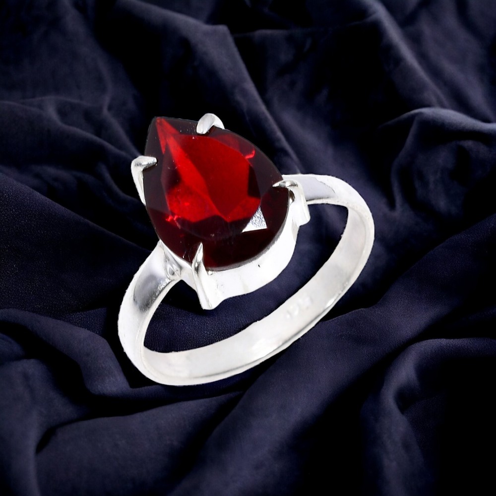 Gift For Her Natural Red Garnet Stackable Dainty Ring Size 9.5 925 Silver