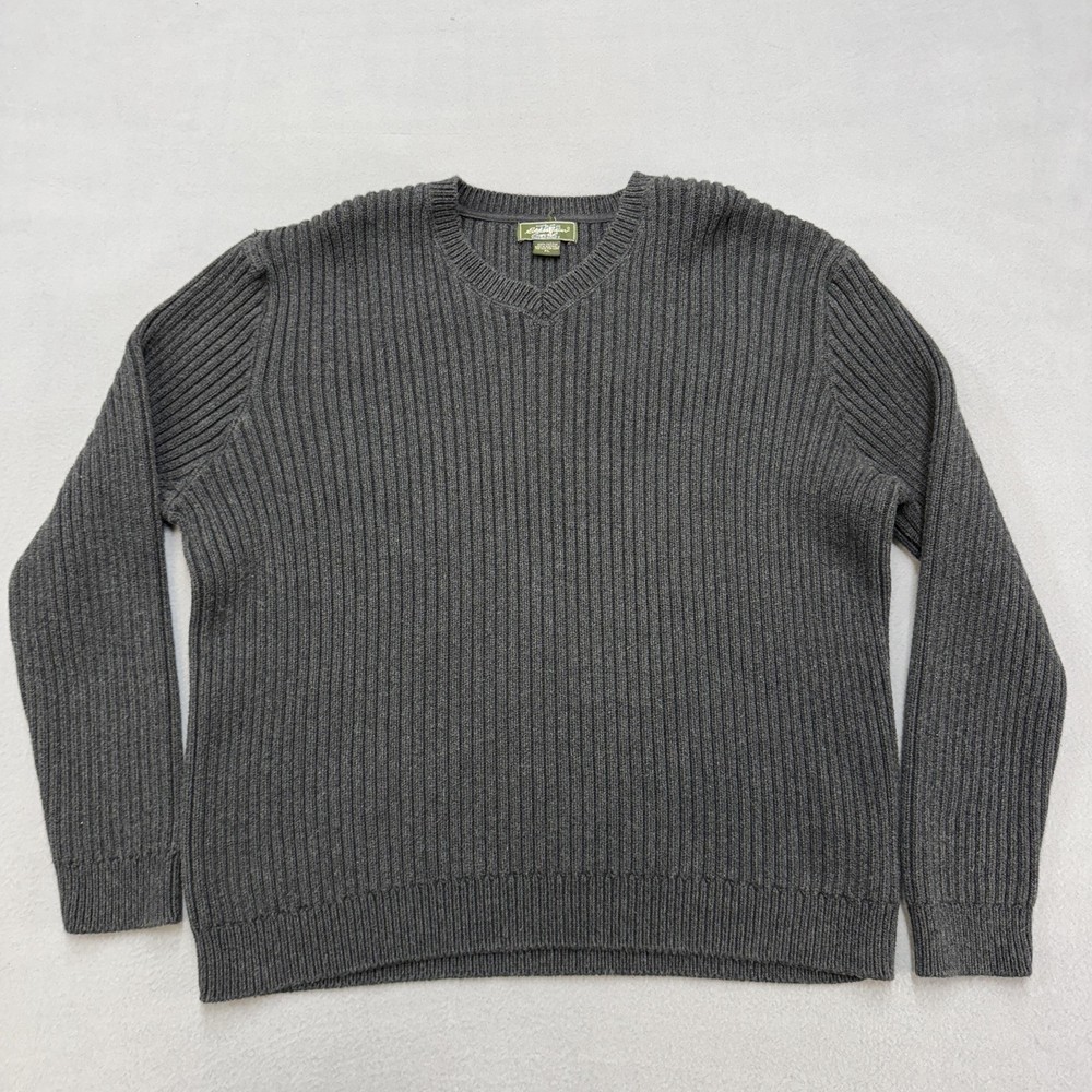 Eddie Bauer Sweater Mens XL Gray Cotton V Neck Ribbed Knit Pullover heavyweight