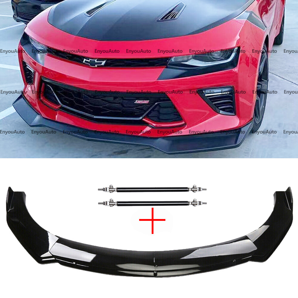 For Chevrolet Corvette Front Bumper Lip Spoiler + Strut Rods Glossy Black