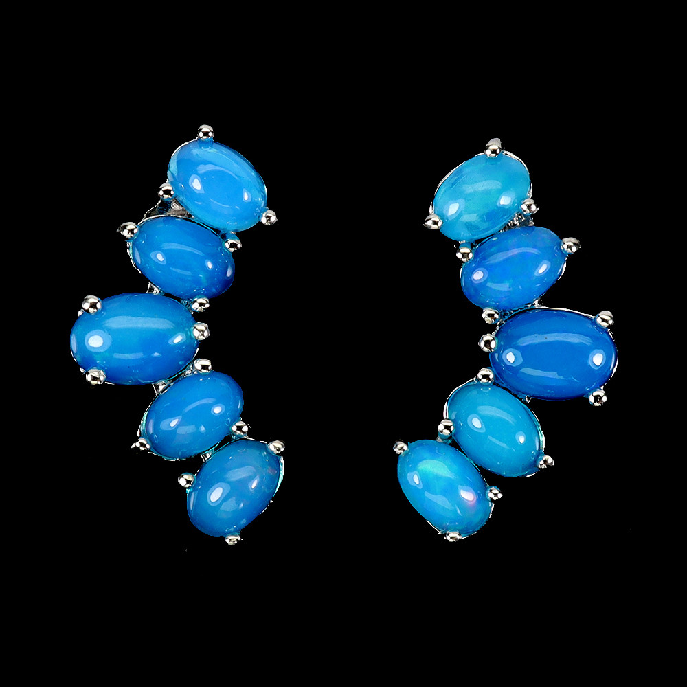 Valentine 925 Silver Earrings Oval Blue Opal 7x5mm Natural Gemstone Jewelry