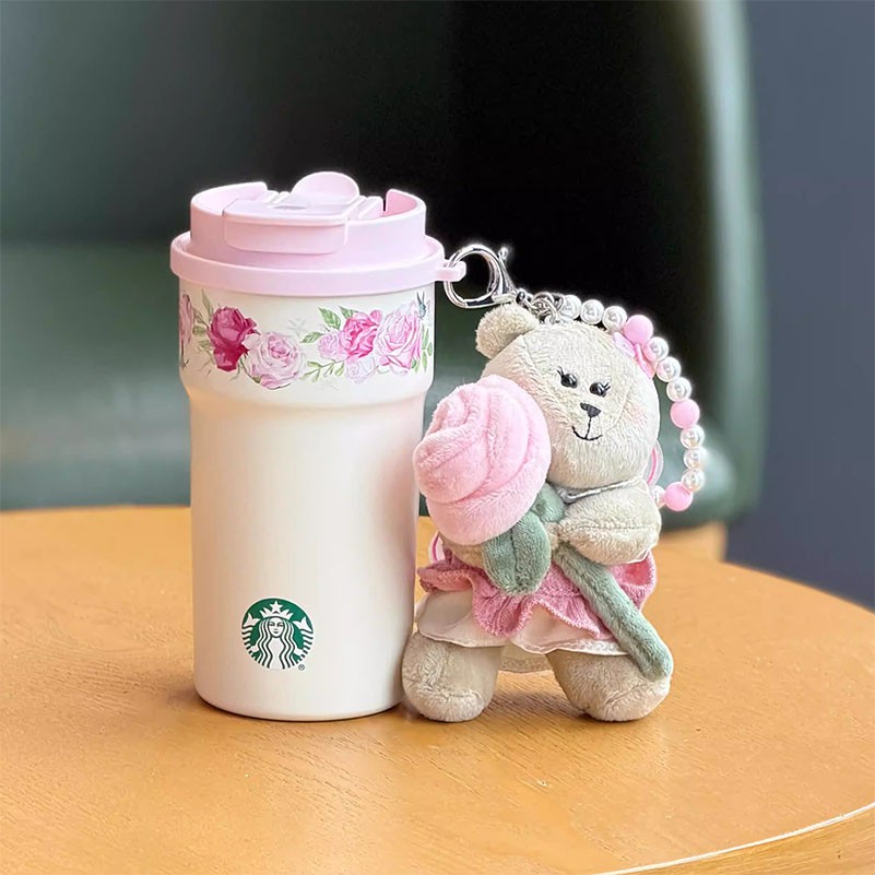 New Starbucks China 2026 Rose Garden 15oz SS Cup With Rose Bouquet Bear Pendant