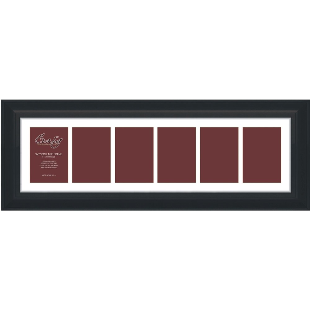 9x32 Black Collage Frame with 6 5x7 Openings and White Mat for Wall Display