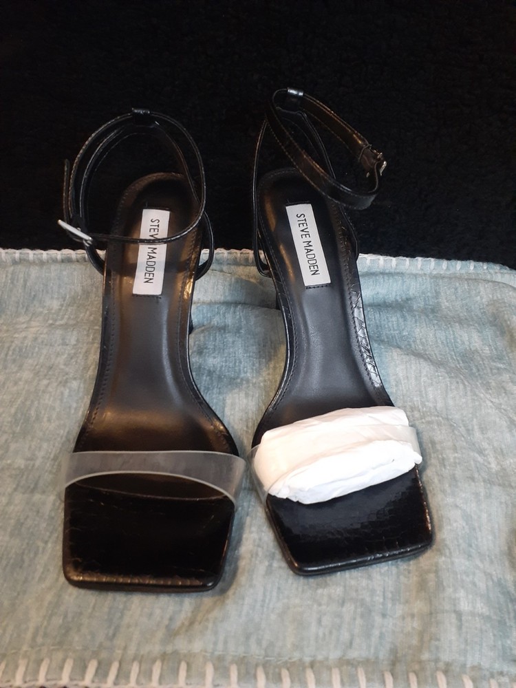 Steve Madden Black Ankle Strap Open Toe High Heels Size 8 Medium Clear Toe