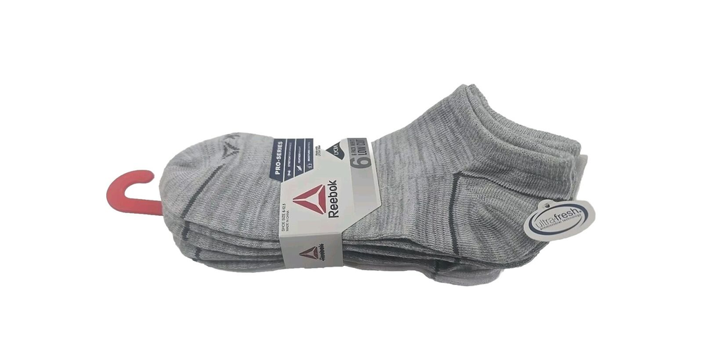 Reebok 6 Pack Mens Low Cut Socks Pro-Series Grey White Lycra Size 6 - 12.5 Shoe
