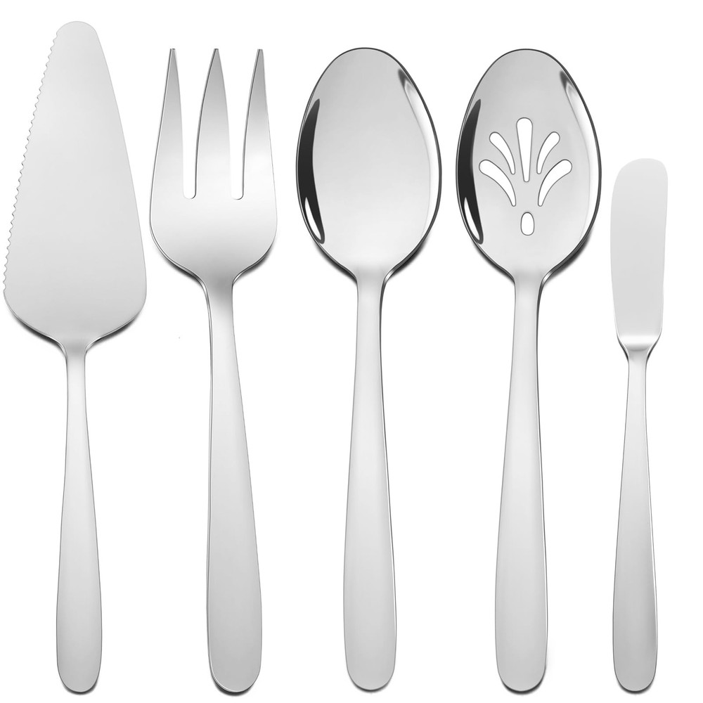5-Piece Silverware Serving Utensils, Stainless Steel Spoon Fork, Mirror Polis...