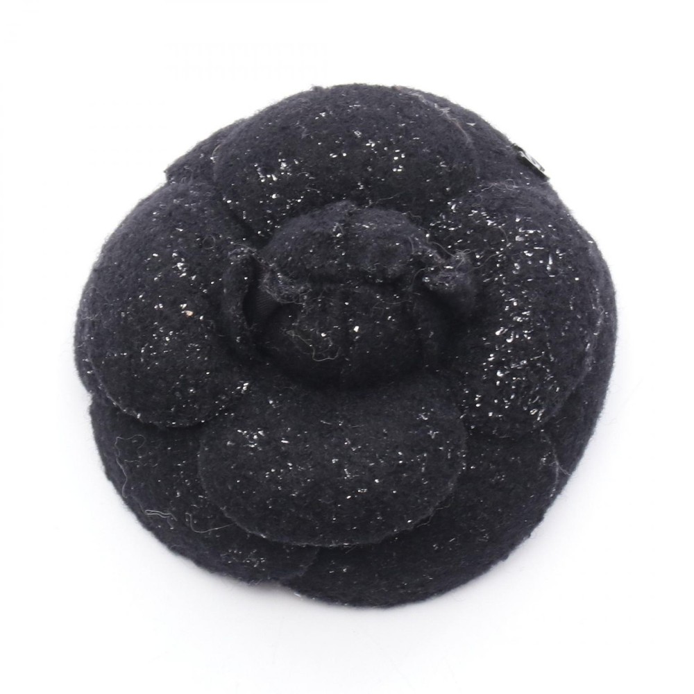 CHANEL Black Fabric Camelia Brooch Pin CC Logo Vintage Women Accessory  