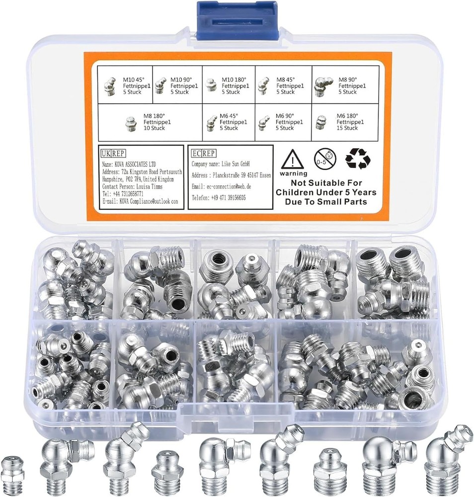 Metric Grease Fittings Kit, 60 Pcs Hydraulic Grease Zerk Assortment Kit