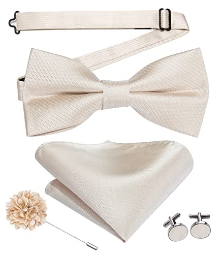 Elegant Beige Bow Tie Set with Pocket Square & Cufflinks for Men