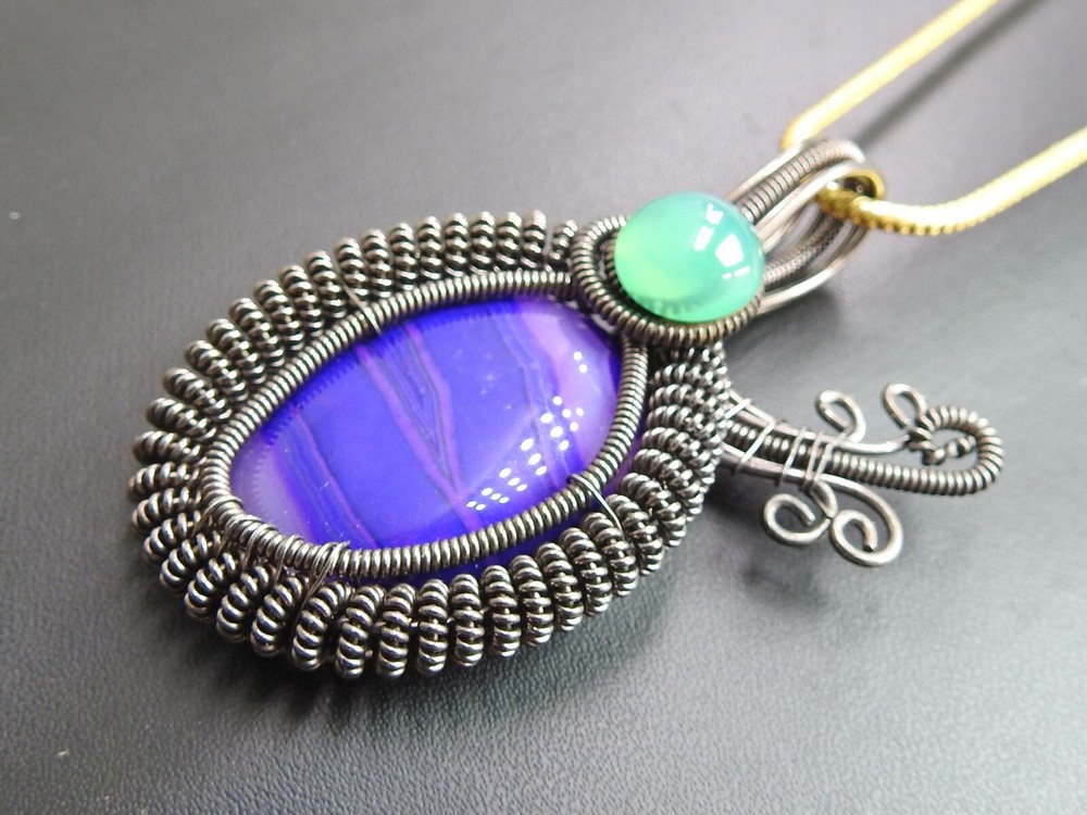 Purple Strip Agate Brass Pendant Silver Oxidised Polished Wire Wrapped Jewelry