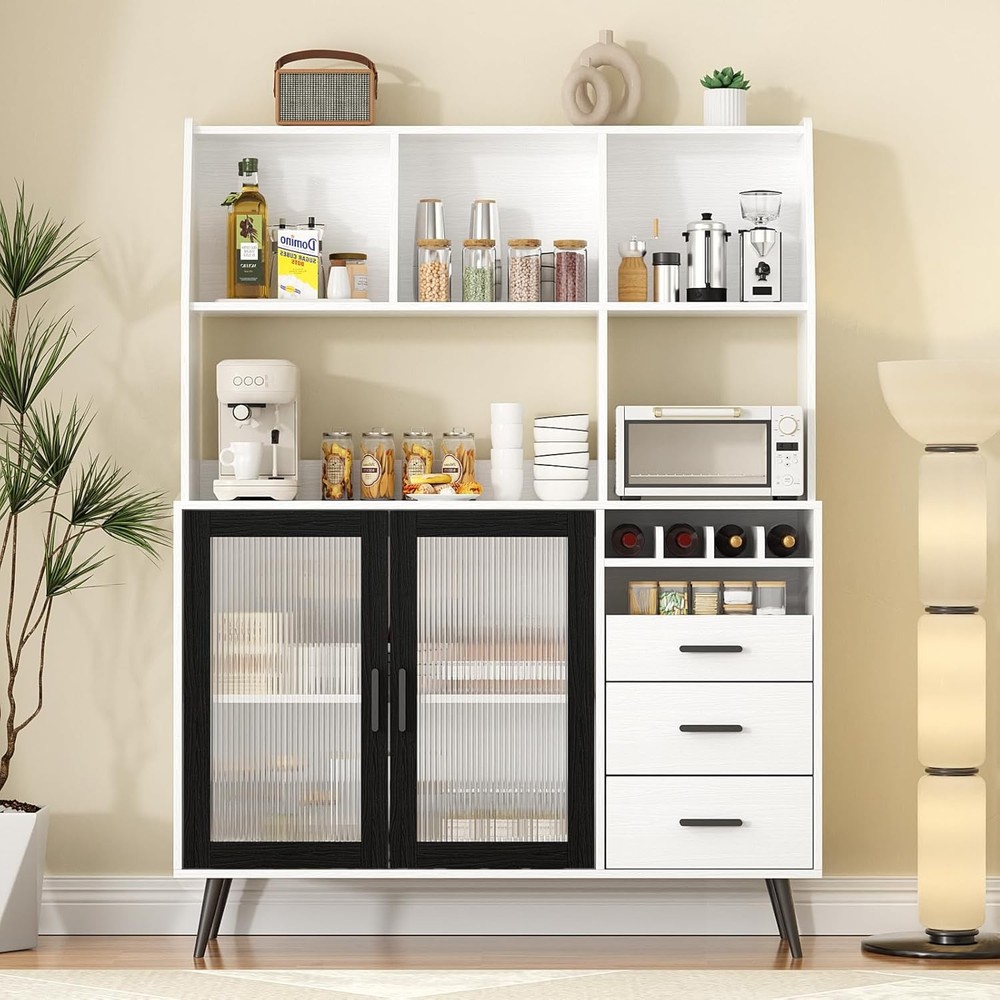 Freestanding Hutch Pantry Cabinet with 3 Drawers and 2 Glass Doors for Kitchen Storage