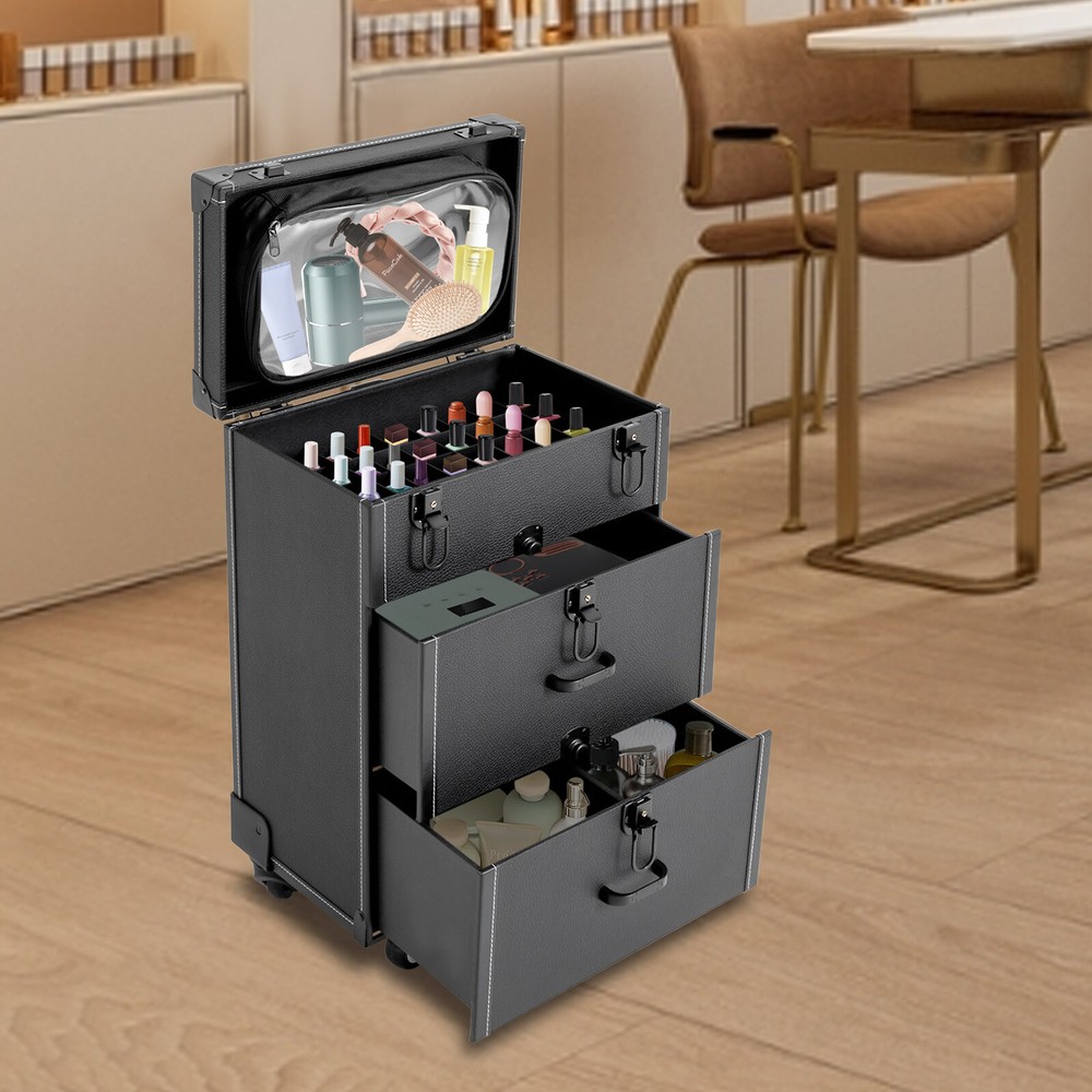 Rolling Train Case Aluminum Trolley Professional Cosmetic Organizer Box w/Drawer