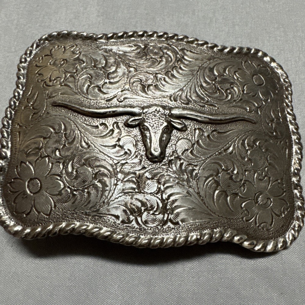 Nocona Long Horn Steer Head Rope Border Engraved Floral Pattern Western Buckle