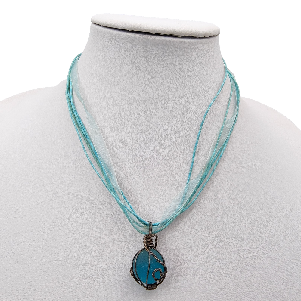 Aqua Blue Wire Wrapped Marble Ribbon Choker Necklace Artisan 90s Mermaidcore