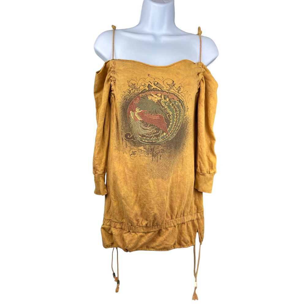 Buffalo David Bitton Women’s Boho Burnt Orange Off-Shoulder Graphic Top Size L