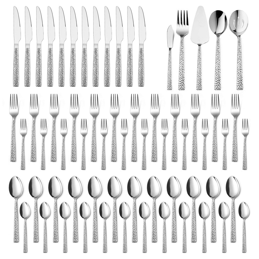 65-Piece Silverware Set with Serving Pieces, Stainless Steel Hammered Flatwar...